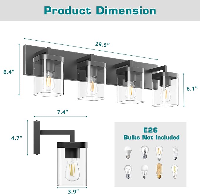Bathroom Vanity Light, Square Design 4 Lights Morden Bathroom Lighting Fixtures Over Mirror, Black Bathroom Light Vanity Fixtures for Bathroom/Living Room/Bedroom