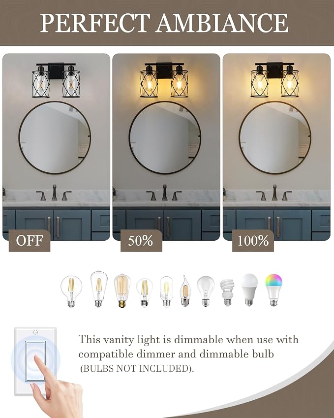 2-Light Black Bathroom Light Fixtures, 13.8 Inch Modern Bathroom Vanity Lighting Fixtures Over Mirror with Clear Glass and Metal Cage Wall Sconce Lights for Bath, E26, CH9176BK-2W