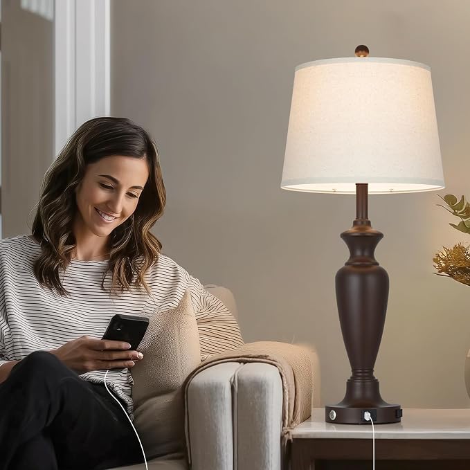 Cinyirong 30" Tall Metal Table Lamps Set of 2, Touch Control Bedside Lamps for Bedroom Nightstand, 3-Way Dimmable Farmhouse Lamp for Living Room with Charging Ports, Brown (2 LED Bulbs Included)