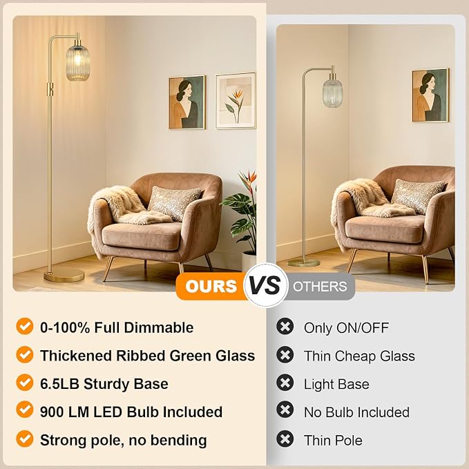 【Upgraded】 Dimmable Floor Lamp for Living Room with Amber Ribbed Glass Lampshade, Gold Modern Floor Lamp with 900LM LED Bulb Included, Arc Standing Tall Lamp for Bedroom, Office, Reading Room, Corner