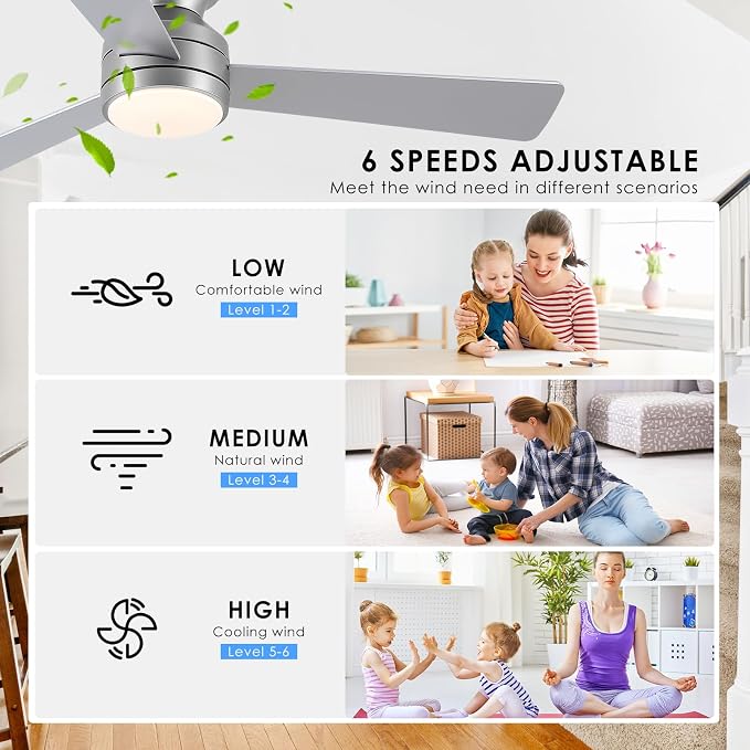 Asyko 46" Brown Modern Low Profile Ceiling Fans with LED Lights and Remote | Flush Mount,Reversible 6 Wind Speeds, Dimmable 3 CCT LED Light, 25W Quiet DC Motor,3 Double-Sided Blades,for Bedroom Kitchen