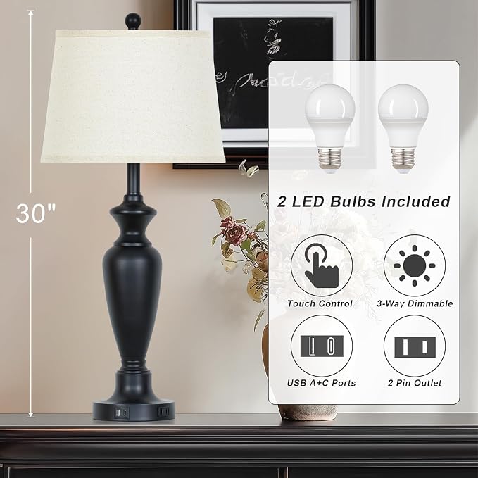 30" Tall Black Table Lamps Set of 2 for Living Room, Touch Control Bedside Lamps for Nightstand, 3-Way Dimmable Bedroom Table Lamp with USB A+C Ports and AC Outlet (2 LED Bulbs Included)