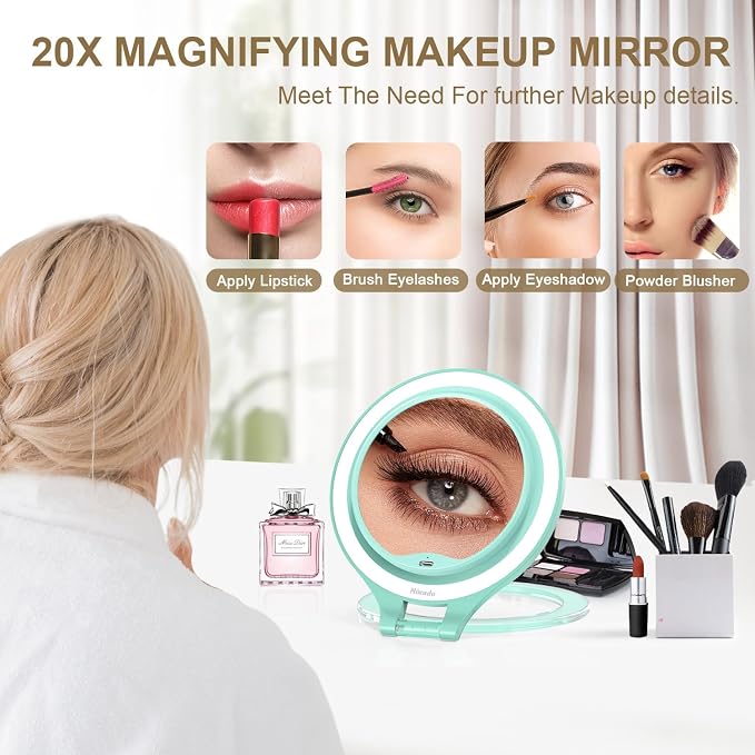 Mocado 1X/20X Magnifying Mirror with Light, Travel Makeup Mirror with Light | Double Sides Travel Mirror with 3 Color Light, Dimmable Touch, 1500mAh Rechargeable, Brightness Adjustable(Green)