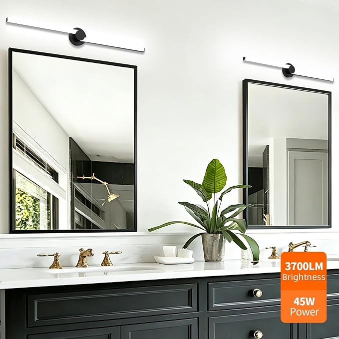 Bathroom Lighting Fixtures Over Mirror: 40 Inch Rotatable Bathroom Vanity Light ETL Listed - Modern Black Vanity Lighting Fixtures 5700K Cool White 3700LM 45W IP44 - LED Vanity Light Dimmable(2 Pack)