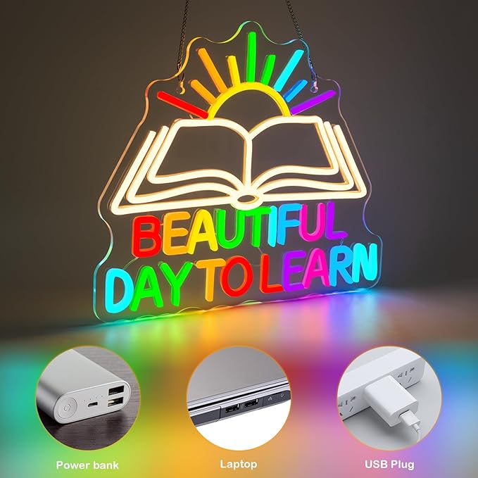 Beautiful Day Neon Sign To Learn Study Neon Signs for Classroom Wall Decor Rainbow LED Lights Up Classroom Bedroom in Reading Corner Decor Library LED Sign Study Office Gifts for Teens