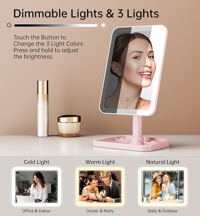 Famihomii Rechargeable Lighted Makeup Mirror for Girls, Desk Mirror with Lights, Detachable 10X Magnifying Mirror, Storage Base, 360° Rotation, Dimmable Lights for Teens Gifts, Pink