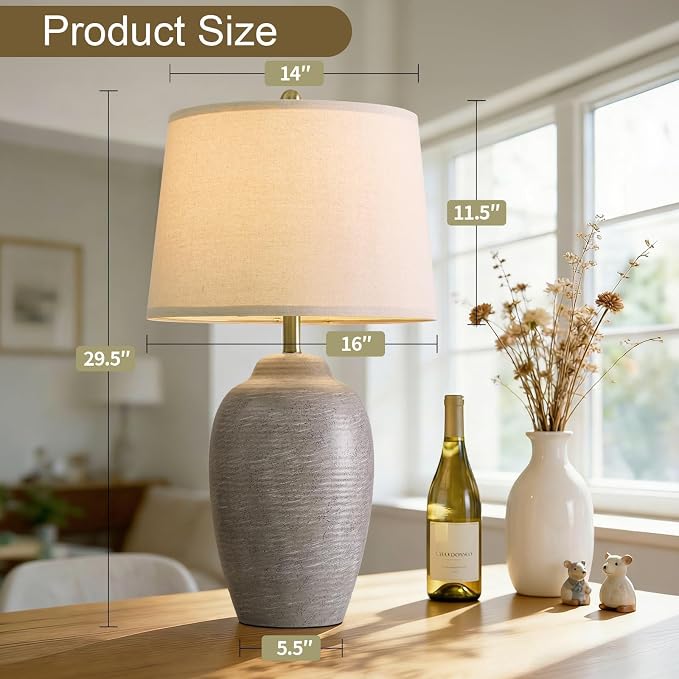 USumkky 29.5" Tall Vintage Ceramic Table Lamp with 5FT Cord - Single Large Rustic Farmhouse Bedside Lamp with Linen Shade & Natural Textured Finish, Nightstand Table Lamp for Bedroom End Table,Grey
