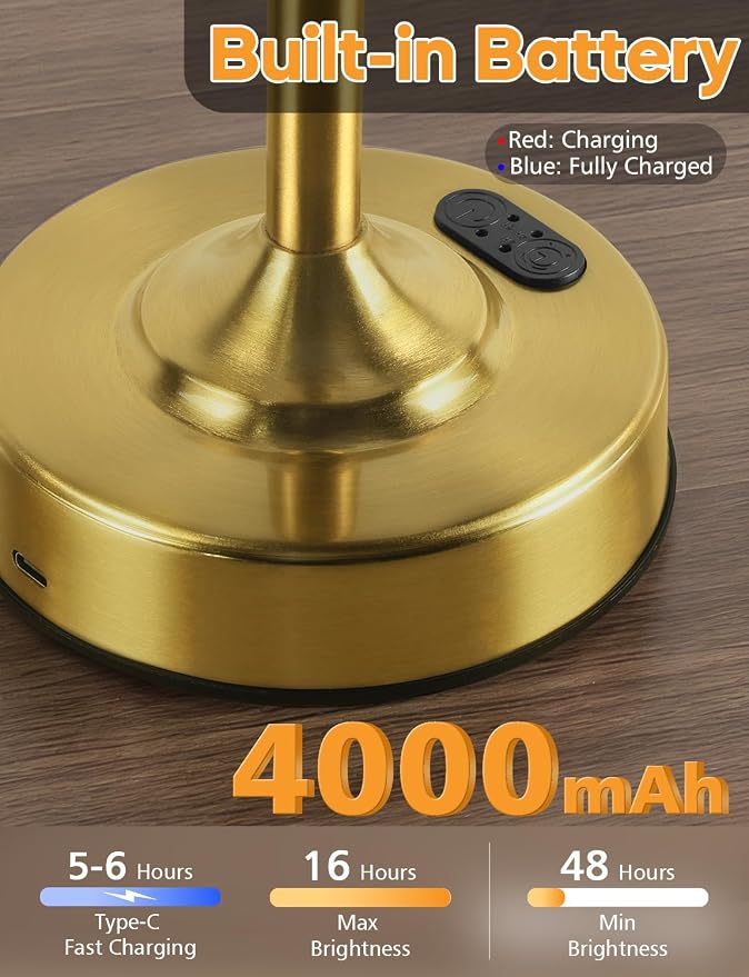 Height Adjustable Rechargeable Table Lamp with Timer, Dimmable Cordless LED Desk Lamp, 4000mAh Battery Operated Table Lamps, Gold Wireless Touch Nightstand Lamp for Kitchen Counter Coffee Table Office