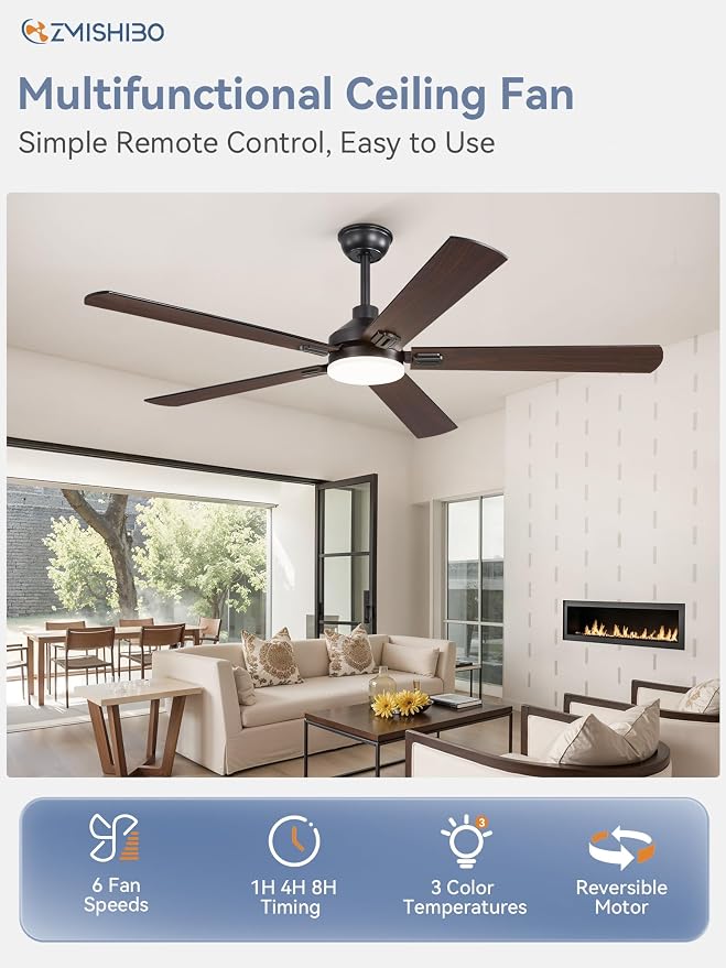 ZMISHIBO 60" Ceiling Fans with Lights and Remote, Black Modern for Indoor | Large Size, 3CCT, Downrod Mount, Farmhouse Dual Finish Blades, Quiet&Strong Motor, Memory Function for Bedroom, Living Room