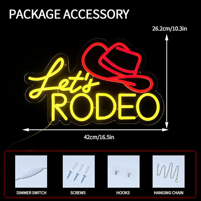 Let's Rodeo Neon Sign for Wall Decor Dimmable Cowboy Hat Led Lights Signs LED Signs for Game Room Cowboys Neon Light Room Decor for Farm Bar Game Room Man Cave Decoration Boys Gift