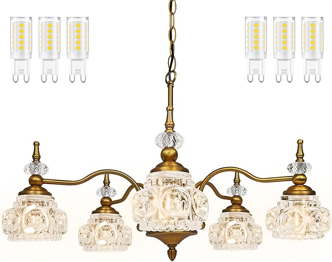 Montex Vintage Brass Pendant Light Fixture 5 Lights Gold Brass Vintage Chandelier Crystal Glass Shade Brass Pendant, 6 Light Bulbs are Included