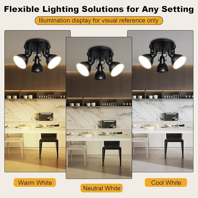 HiBay Ceiling Light Fixtures, 3-Lights Adjustable LED Spotlight Black | Industrial Track Lighting with Round Plate for Kitchen, Living Room, Office, E26 Base, Black (Bulbs Not Included)