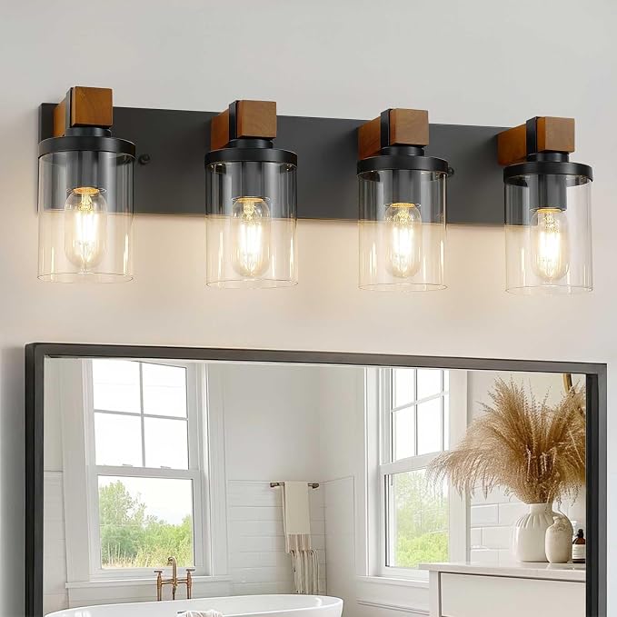 4-Light Farmhouse Bathroom Light Fixtures, Wood Matte Black Vanity Lights Over Mirror with Clear Glass Shades, Rustic Bathroom Lighting Wall Mounted Lamps for Living Room, Cabinet, Porch
