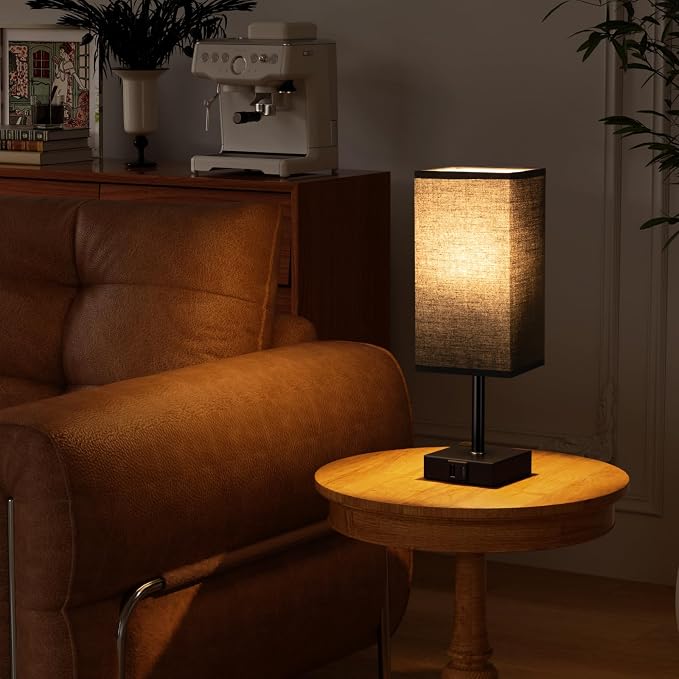 3000K Black Table Lamp for Bedroom - Dimmable Touch, USB C+A, AC Outlet | 3-Way Dimming, 3000K Warm White Bulb Included, Nightstand Lamp with Square Linen Shade, Small Room Decor for Men, Boys, Desk