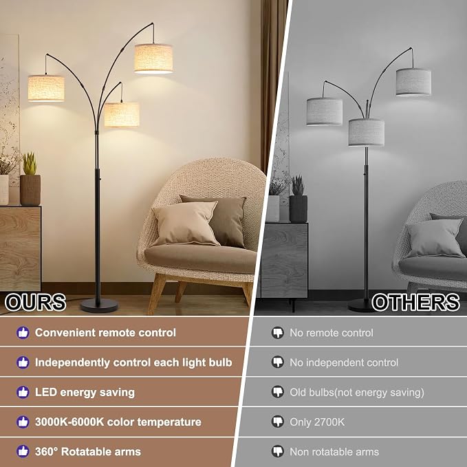 3 Light Arc Floor Lamp with Remote, Beige Shade Black Pole | 80" Dimmable Floor Lamp, 2400LM Super Bright, Independently Controlled 9W LED Energy-Saving Light Bulb, Memory Function