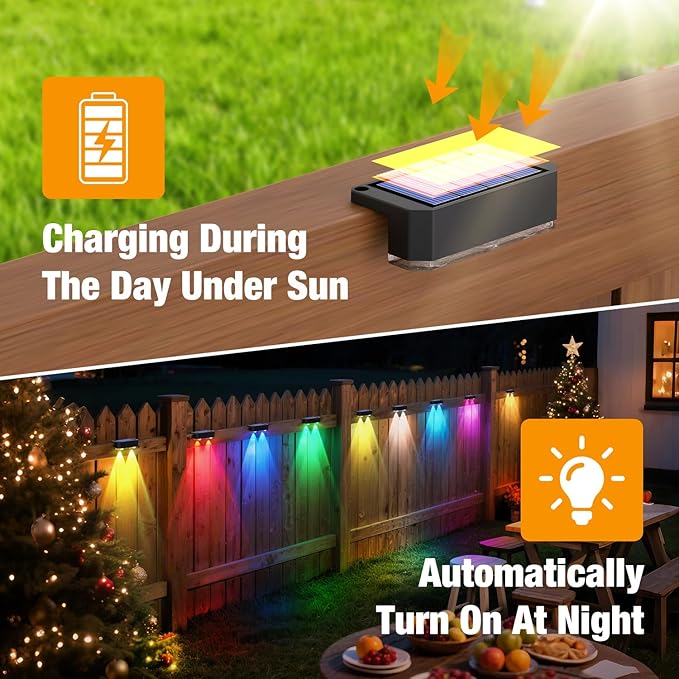 Peasur Solar Fence Lights Outdoor RGB, 4 Pack Step Light Solar Powered, Waterproof LED Deck Lights for Stairs Railing Yard Patio Outside
