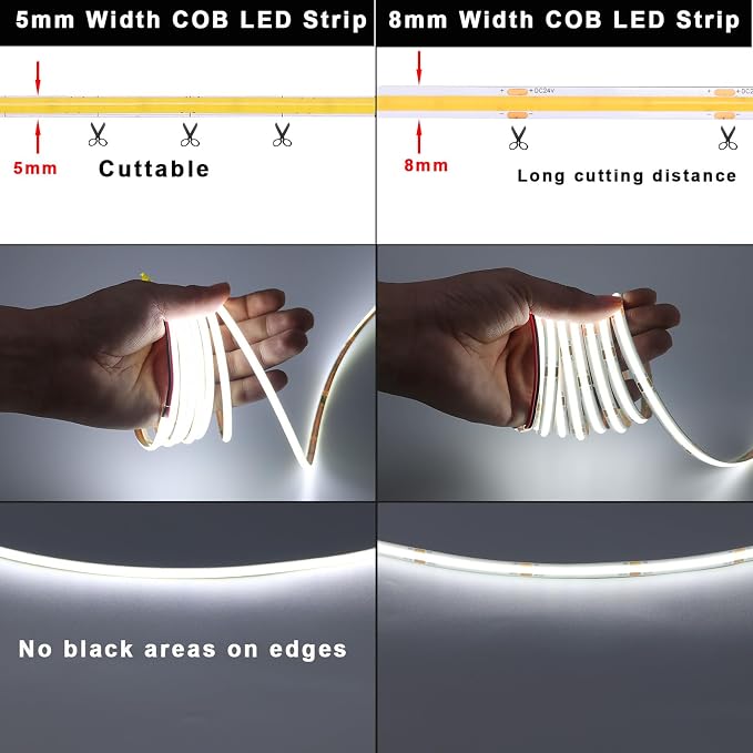 TOPAI 12V 5mm Dotless COB LED Strip 16.4ft 6000K Cool White Cabinet Light | Ultra Thin Tape Lights, CRI>90 400 LEDs/M, No Dark Spots, Flexible Cuttable, Self Adhesive Easy Install