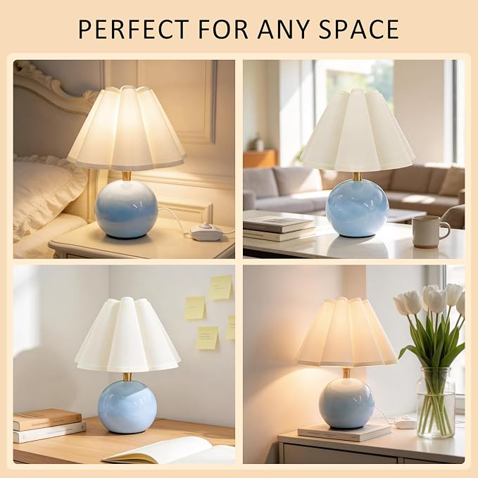 Small Bedside Table Lamp, 11.8'' Ceramic Stepless Dimmable Lamp (Blue) | with scalloped fabric shade for nightstand & living room. Perfect for quiet nights to create a cozy, relaxing atmosphere