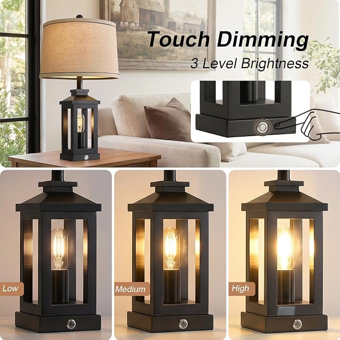 G-SAFAVA 23.75" Retro Farmhouse Black Table Lamp for Living Room Bedroom Nightstand Set of 2 Touch Control Bedside Nightlight Vintage Modern Lamp with USB C+A Ports and 2 Light Sources