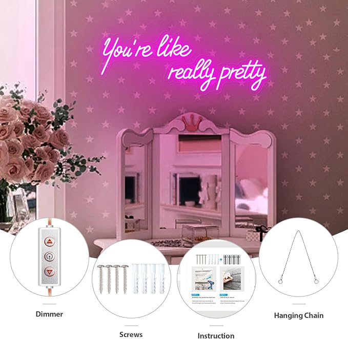 30IN Large You're Like Really Pretty Neon Sign, Dimmable Pink Handmade Led Neon Light for Salons, USB Power Bathroom Bedroom Girls Makeup Room Bachelorette Party Home Birthday Gift