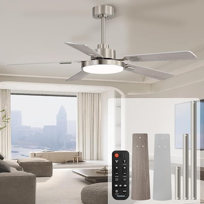 60 Inch Ceiling Fans with Lights and Remote, Bedroom Living Room Office Library Cafe Outdoor Industrial, 5CCT Dimmable, Dual Color 5 Blades, 6 Speed Reversible Quiet DC Motor, Sand-nickel/Wood Grain