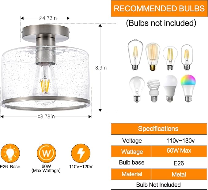 Zlepmlla Modern Flush Mount Ceiling Light, Seeded Glass Ceiling Light Fixture, Nickel Light Fixture for Hallway, Bedroom, Entryway, Kitchen，Living Room