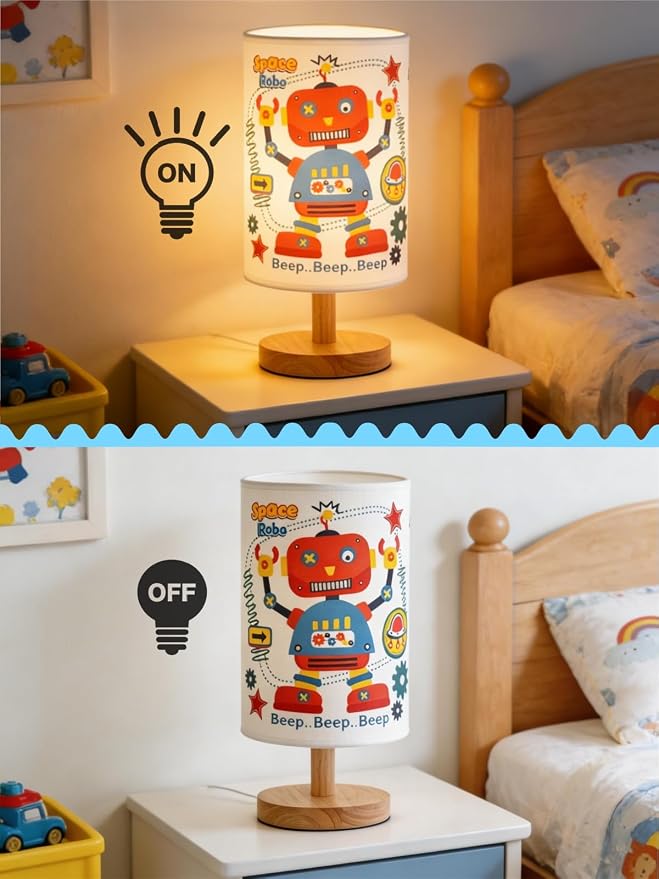 Robot Kids Table Lamp for Bedroom Boys Bedside Lamps,3 Color Dimmable Nightstand Night Light with Cartoon Robot Lampshade and Wood Bas for Bedroom Living Kid Room Study for Practical Gift for Boys