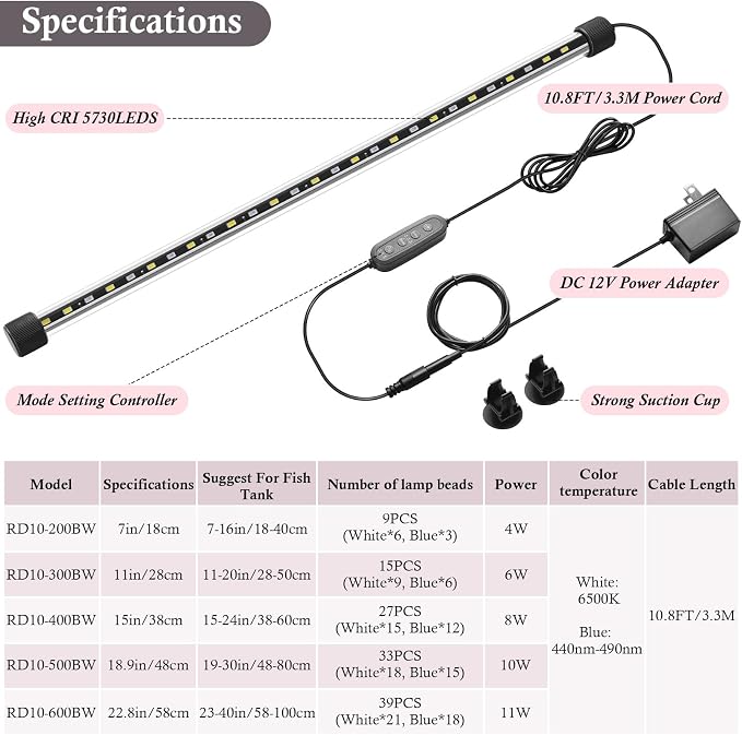 Dirvin LED Fish Tank Light with Timer, 24/7 Mode & 3 Color Aquarium Light | Submersible Adjustable Brightness, IP68 Waterproof, Sunrise-Daylight-Moonlight, Auto On/Off for fresh and salt water, 8W