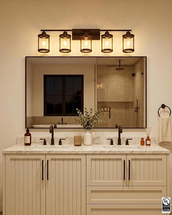 5-Light Matte Black Bathroom Light Fixtures Over Mirror with Clear Glass and Metal Cage Shade, 38" UL-Listed Modern Farmhouse Wall Sconce for Bath, Hardwire E26, OS-3014BK-5W
