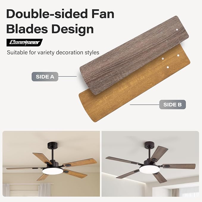 60 Inch Ceiling Fans with Lights and Remote, Bedroom Living Room Office Library Cafe Outdoor Industrial, 5CCT Dimmable, Dual Color 5 Blades, 6 Speed Reversible Quiet DC Motor, Brown/Wood Grain