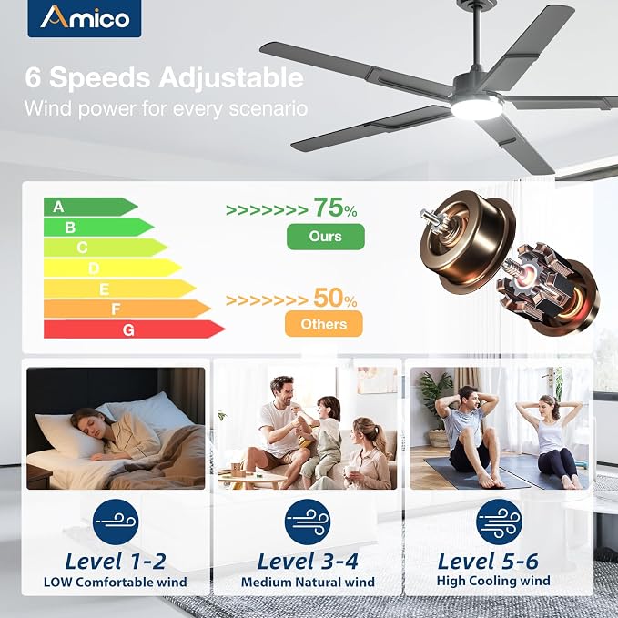 Amico 62 Inch Ceiling Fans with Lights and Remote, Black | 6 Speed Reversible DC Motor, 3CCT, Dimmable, Quiet, Timer, Large Modern Ceiling Fan for Living room, Indoor/Outdoor