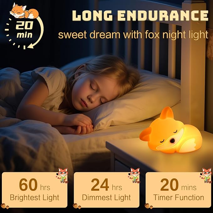 Cute Fox Lamp, Fox Night Light for Kids, Squishy Rechargeable Dimmable Toy, Baby Nursrery Nightlight, Woodland Animal Décor, Xmas White Elephant Gifts, Touch Light Up Foxes, Safe Silicone