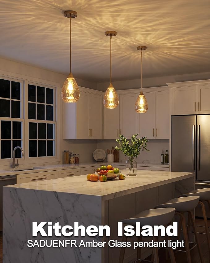 Glass Pendant Lights Kitchen Island, 1-Light Modern Brushed Gold Pendant Light Fixtures with Hammered Amber Glass and Rods, Small Hanging Light for Kitchen Sink Dining Room Bathroom
