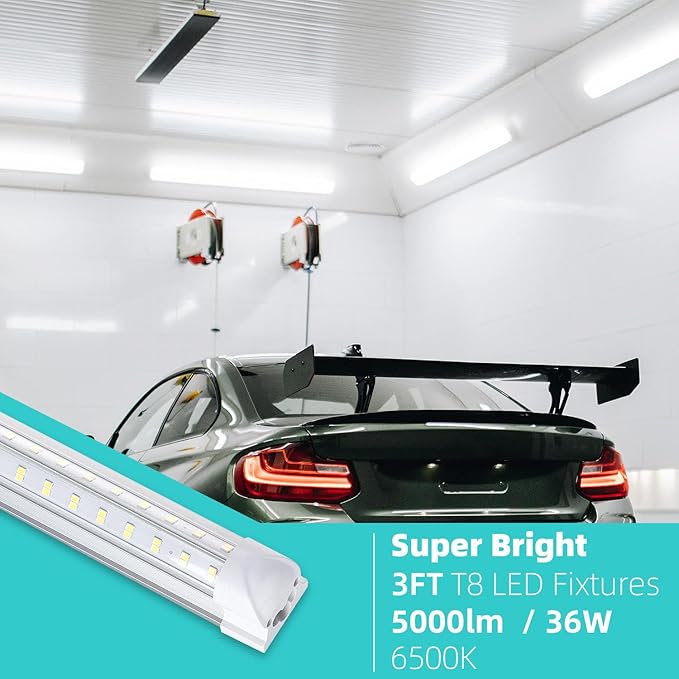 3FT LED Shop Light, 36W 5000lm Super Bright 6500K, Clear Cover, V-Shape, T8 LED Fixture, Linkable Shop Lights for Garage, Workbench, Workshop (2 Pack)