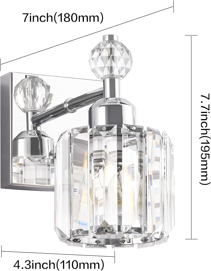 PRESDE Single Crystal Wall Sconce, Modern Chrome Vanity Light Fixture, 1-Light Wall Lamp for Bathroom Bedroom Hallway