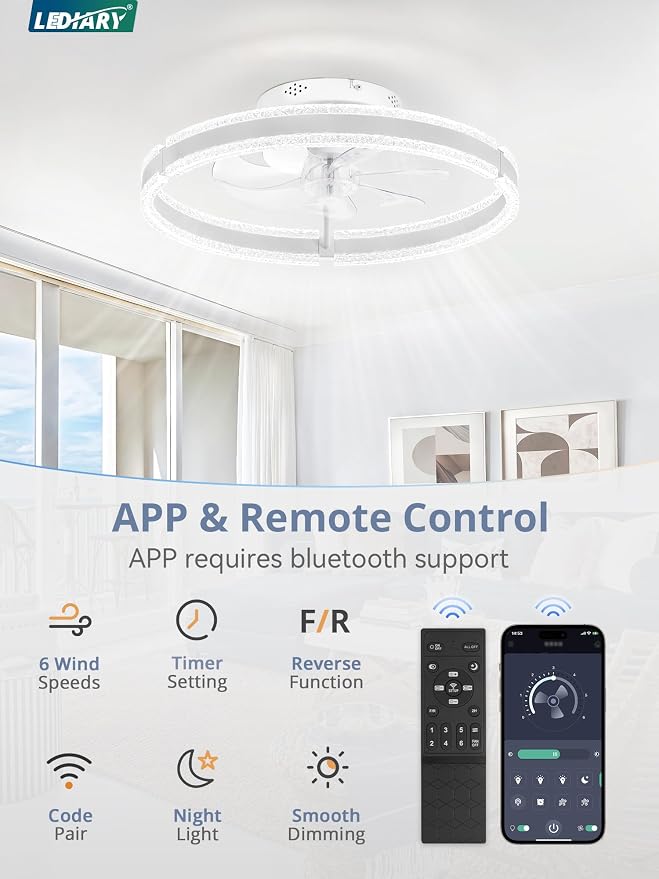 LEDIARY 20'' Low Profile Ceiling Fans with Lights and Remote, White, 2 Pack | 3000-6000K Dimmable LED, 6 Wind Speeds, Quiet Reversible DC Motor, Small Flush Mount Fandelier for Bedroom, Living Room