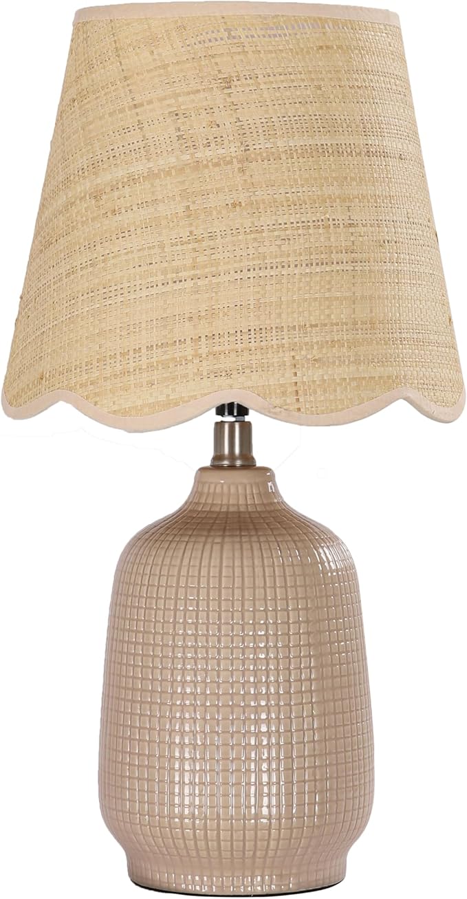 19" Modern Ceramic Table Lamp for Living Room Gray Camel Base Desk Lamps for Bedroom Farmhouse Bedside Nightstand Lamp End Table Lamps,Pink,Rattan Shade