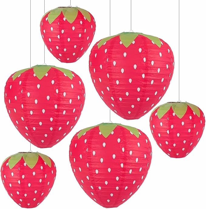 Strawberry Paper Lanterns, 8" & 12" Large Strawberry Hanging Lantern, Strawberry Hanging Decorations for Fruit Theme Birthday Party Decor(6 Pcs, Red)