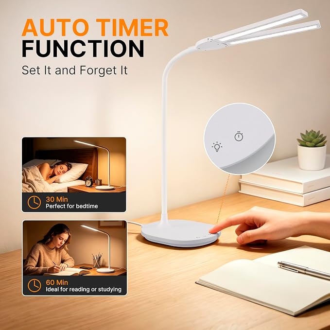LED Desk Lamp, 2400 Lux Bright Desk Lamp for Home Office, Dual Head Adjustable Desk Lamp with 5 Color Modes, Stepless Dimming, 360° Gooseneck, Auto Timer, Eye Caring Task Light