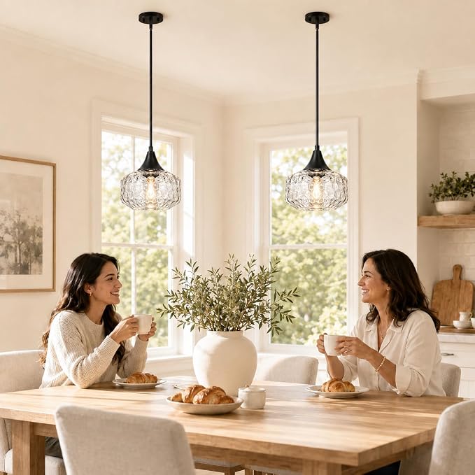 DSMJFU Black Pendant Lights Kitchen Island with Hammered Glass Over Table | 2-in-1 pendant & ceiling light; height adjustable; 90° rotation; adaptable different ceiling types;above kitchen sink light