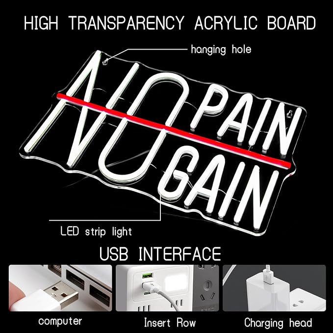 No Pain No Gain Neon Sign, Motivational LED Gym Neon Light | USB Powered Fitness Wall Decor for Home Gym, Workout Room, Man Cave, Garage, Gift for Gym Lovers