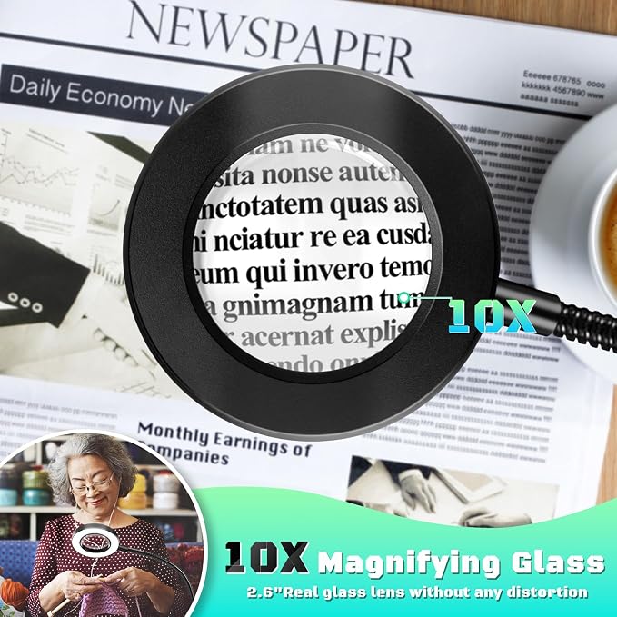 10X Magnifying Glass with Light, Clip on Mganifier with Light, 48 LED Desk Magnifying Glass wtih Clamp, 3 Modes Dimmable Magnifying LED Lamps for Bed Work Crafts DIY Repair Black