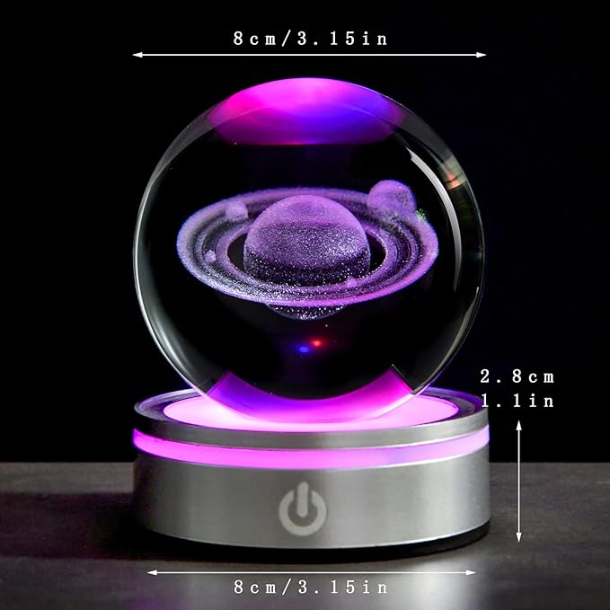 3D Laser Engraved Saturn Crystal Ball with LED Stand, 80mm Glass Sphere Lamp Night Light, Space Galaxy Planet Decor Gifts