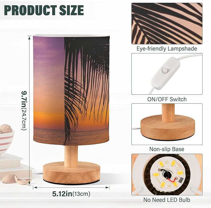 Table Lamp Sunset Ocean Palm Tree Tropical Summer Nightstand Lamp with Wood Base Fabric Lamp Shade Bedside Desk Lamp for Living Room Bedroom Kids Room Office