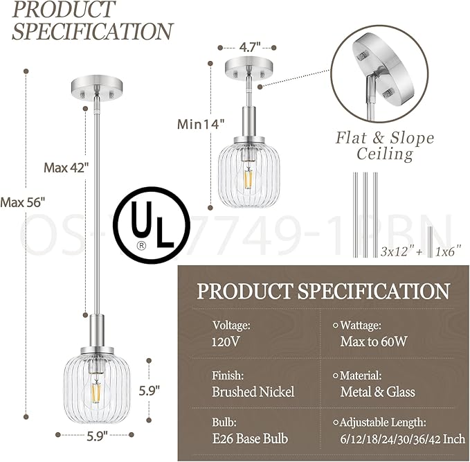 Brushed Nickel Pendant Lights Kitchen Island, 1-Light 5.9" Modern Glass Pendant Light with Clear Glass and Rods, Mini Hanging Lighting for Kitchen Sink Bathroom Bedroom, OS-YQ7749-1PBN