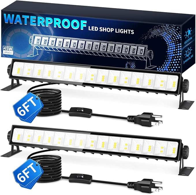 IP66 Waterproof 45W LED Shop Lights, 5400LM 6000K Daylight White Garage Light with 6FT Power Cord & Switch, Plug in LED Work Light for Garage, Workshop, Warehouses, Basement, Yard, 2 Pack