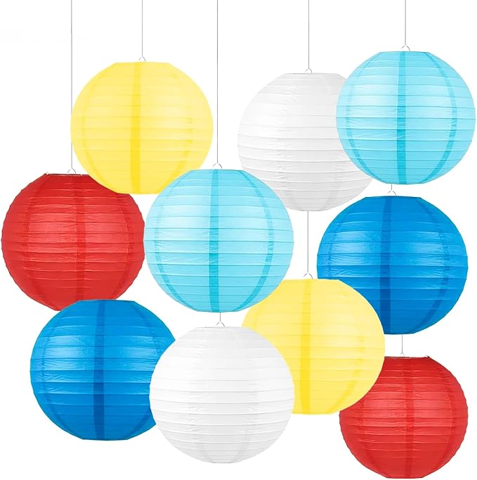 Blue, Red,Yellow,white Paper Lanterns Set (10 Pcs)- 8/10 Inch Round Hanging Paper Lanterns for Cartoon Birthday, Circus Party, Wedding, Classroom Decor, Baby Shower & Kids’ Room Accents