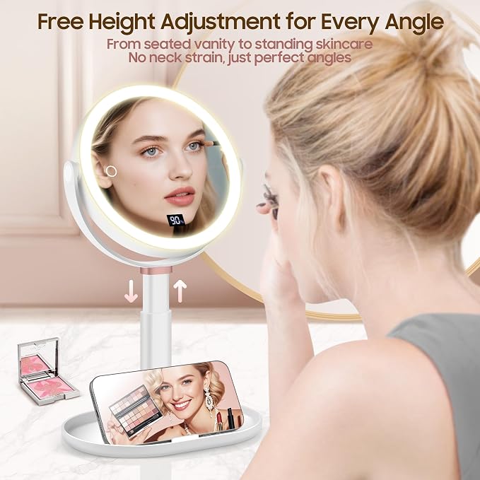 Makeup Magnifying Mirror with Light 30X/1X, Digital Display, 2-Sided Touch Control, Makeup Mirror with 3 Color Lights,360° Rotate, Height Adjustable Lighted Magnifying Mirrors for Desk Travel
