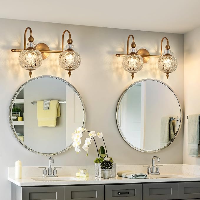 Piepooye Vintage Bathroom Light Fixtures Gold Vanity Light with Glass Globe LampShade 2 Lights Mid Century G9 Bulb Wall Sconce Indoor Vanity Light Over Mirror for Bedroom Farmhouse Hallway
