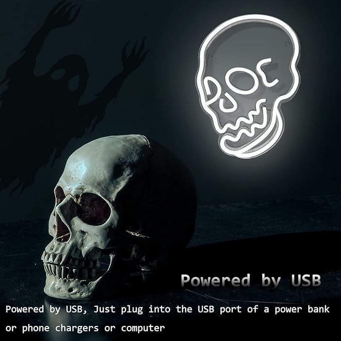 Halloween Decoration Skull Neon Sign, White LED Skull Shape Neon Wall Light Signs Decor, Wall Night Lights Cool Neon Sign Decor for Room Bedroom Bar Christmas Halloween Birthday Party Supply